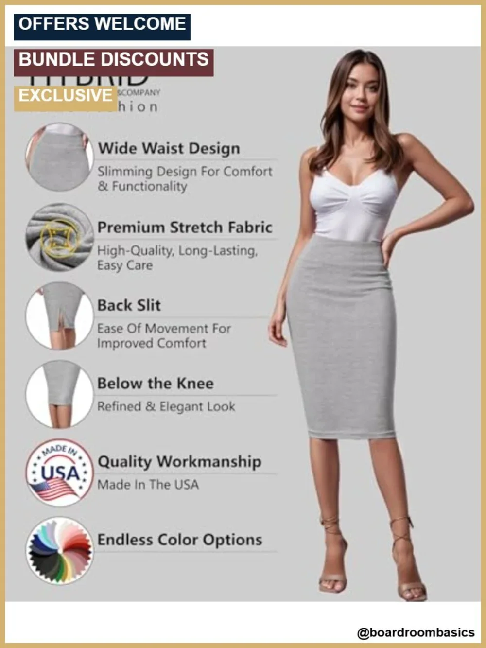 Premium Nylon Ponte Stretch High Waist Pencil Suit Skirt Below Knee